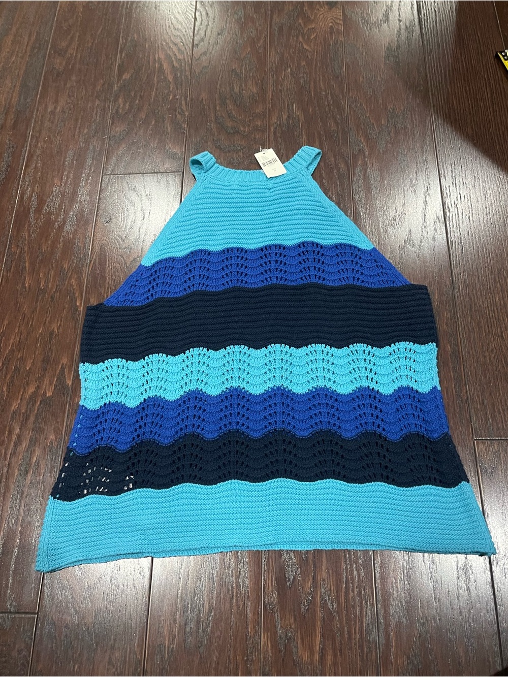 Anthropologie Jenette Blue Crochet High Neck Halter Sweater Knit Tank Medium NEW - Picture 2 of 7